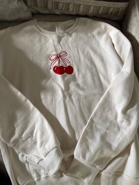 Women’s  Cream Long-Sleeve crew sweatshirt with Red Cherry Embroidery